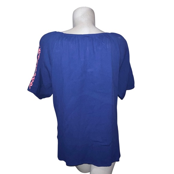 New Talbots Top Womens Size L Blue Pink Embroidered Cotton Tassel Peasant Blouse - Picture 5 of 8